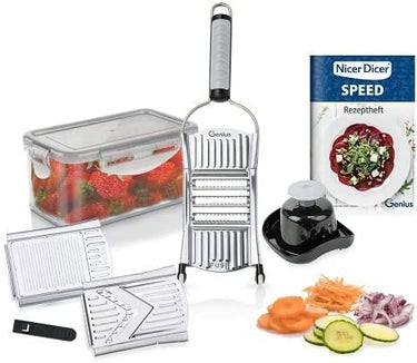 Genius Nicer Dicer Speed Set 9-tlg Multihobel - Gemüseschneider Gemüsehobel mit 3 Einsätzen, Schneidguthalter & Auffangbehälter 550ml | Parmesanreibe, Juliennereibe und V-Hobel, Silber im Sale